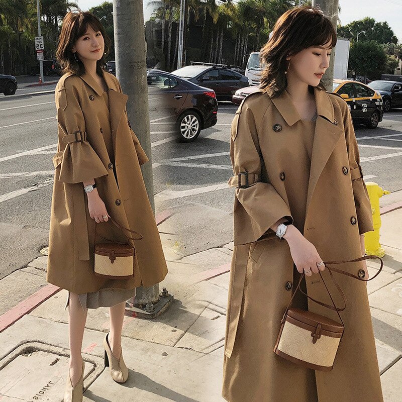 Lanmrem herfst trenchcoat dames turn-down kraag flare mouwen taille riemen windjack dames los  ef40000m twee kleuren
