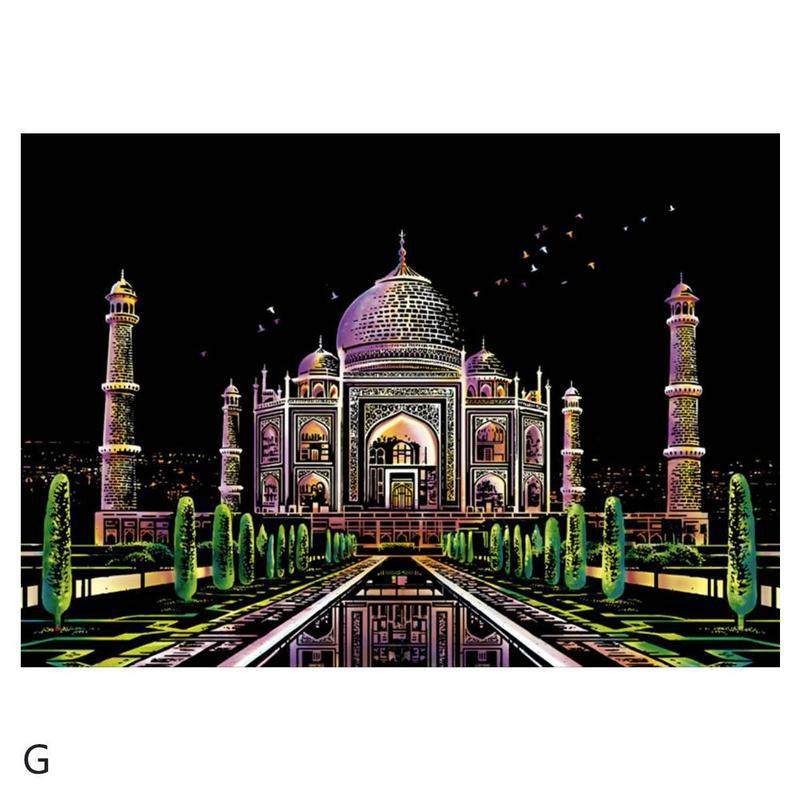 Grote City Night Kras Foto Schilderen Kids Schrapen Papier Reizen Geheugen Urban Night Scene Diy Craft Met 2 Pen Verjaardag: Taj Mahal