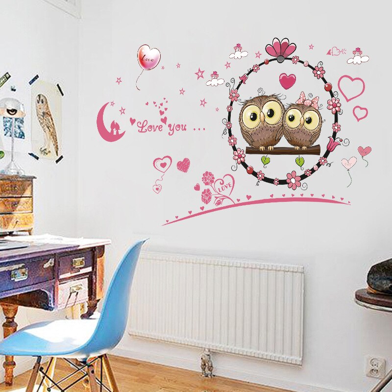 Cartoon Couple Owls Pink Hearts Wall Stickers for Living Room Bedroom Wall Decals Kids Room Decoration PVC removable Stickers