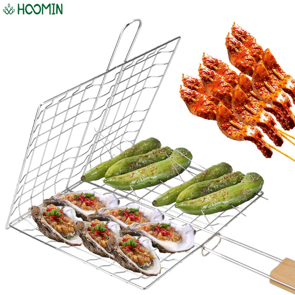 Rvs Barbecue Grillen Mand Clip Inklapbare Bbq Grill Mesh Herbruikbare Houten Handvat Vlees Vis Clip Houder
