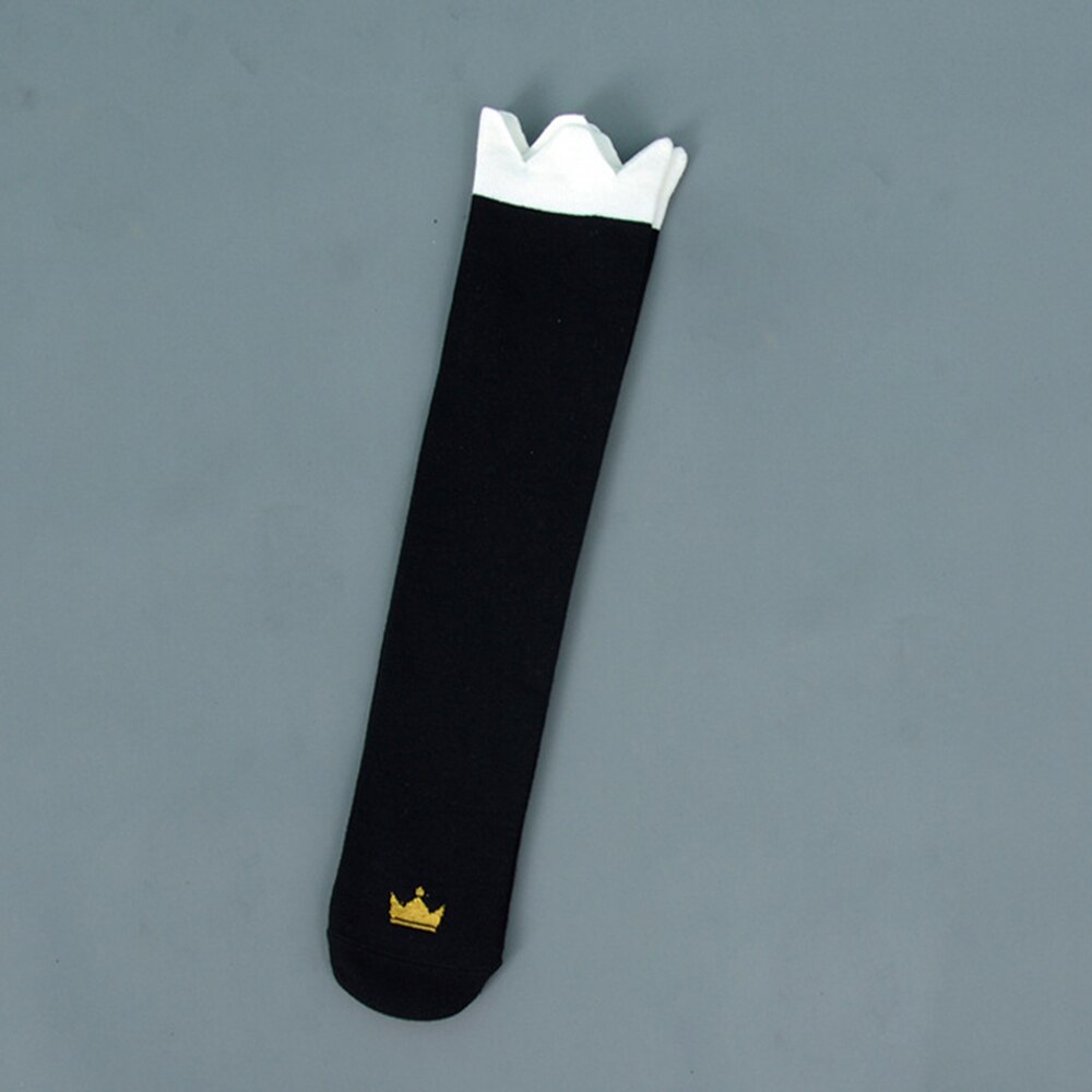 Autumn Baby Crown Print Knee High Socks Kid Cute Princess Cotton Long Socks Baby Girls Sprint Children Black White Socks: black