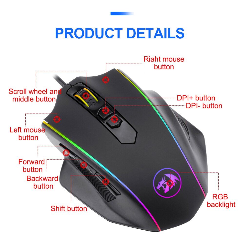 Redragon M720 RGB Vampire USB Wired Gaming Mouse 10000 DPI 8 buttons mice Programmable ergonomic For Computer PC Gamer