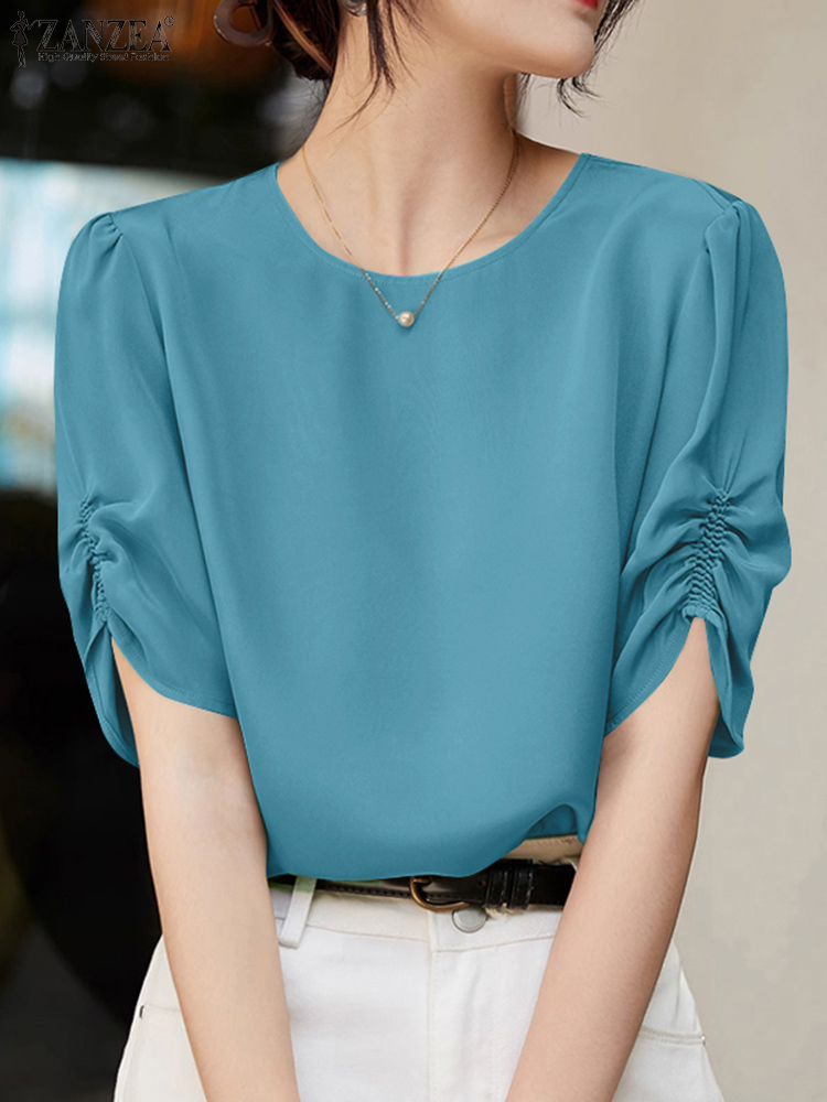 Zanzea kontorbluse sommer dame kortærmet arbejdsskjorte stilfuld ensfarvet tunika toppe afslappet o-hals blusas oversize: Xxl / Blå