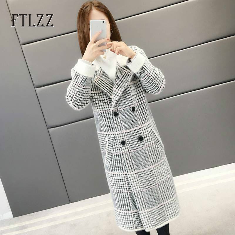 Female Casual Thickening Plaid Plus Size Mink Velvet Overcoat Winter Medium Long Double-breasted Blend Coat