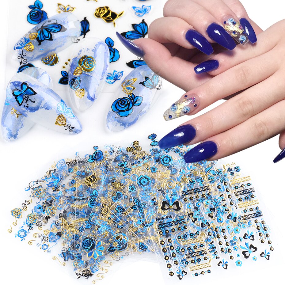 5D Nail Stickers Mixed Blauw Goud Vlinder Bloem Patronen Lijm Transfer Decals Nail Art Diy Decoratie BEFAM001-015