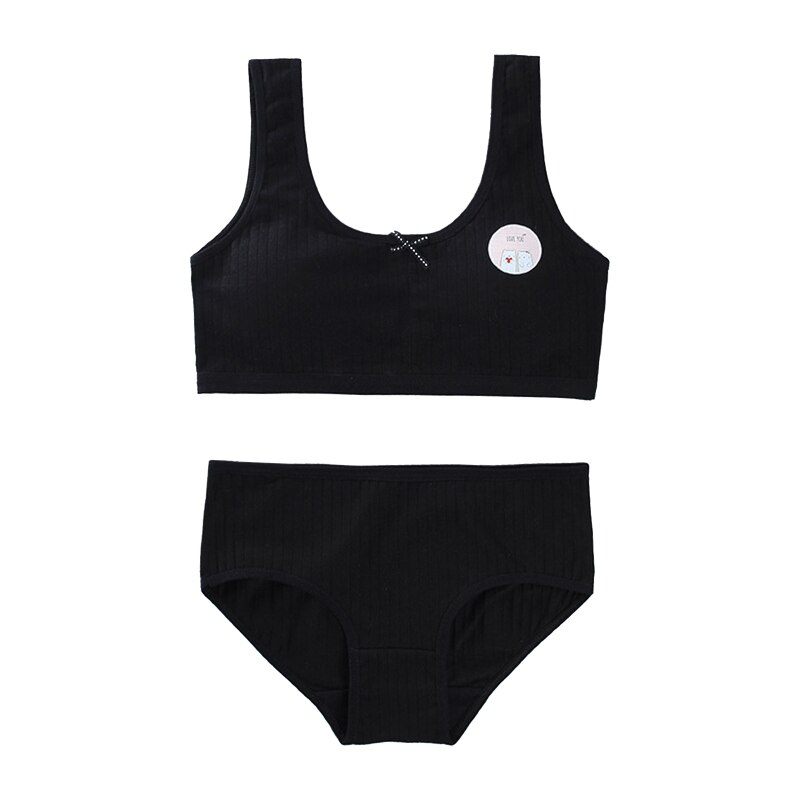 Teens Girls 2Pcs Underwear Set Cute Bear Print Bow Padded Training Bra Panties: Black