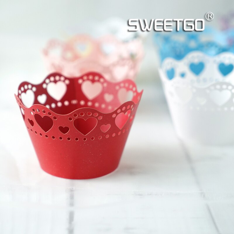 Bruiloft cupcake side 10 stks/pak hartvorm hol papier cupcake omliggende rand bakvormen cake tools wit/blauw/roze/zilver