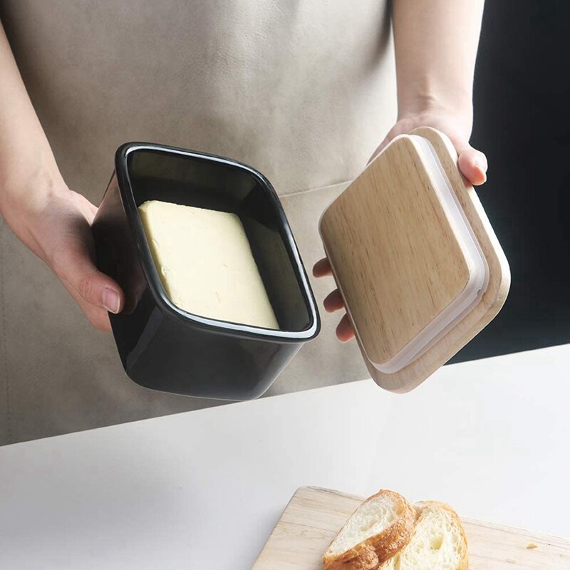 Porcelain Butter Dish with Lid, Airtight Large Butter Keeper with Wooden Lid, Butter Container