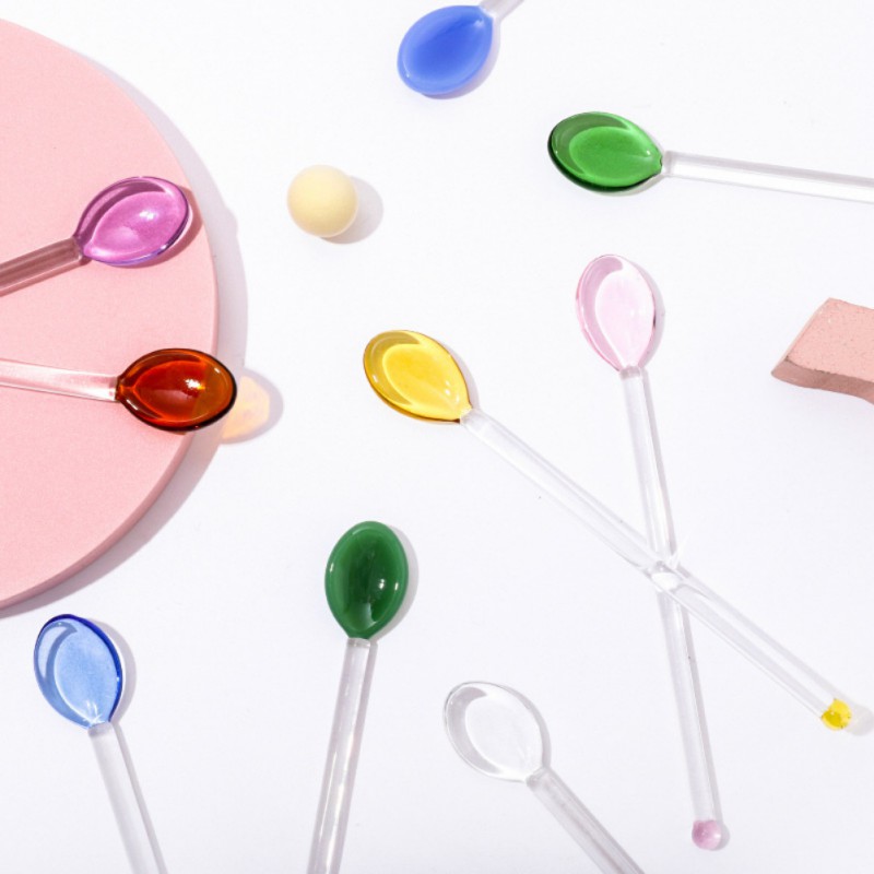 Colored Glass Mixing Spoons Transparent Glass Spoons For Home Fruit Juice Coffee Iced Beverage Mixing Spoons Tableware