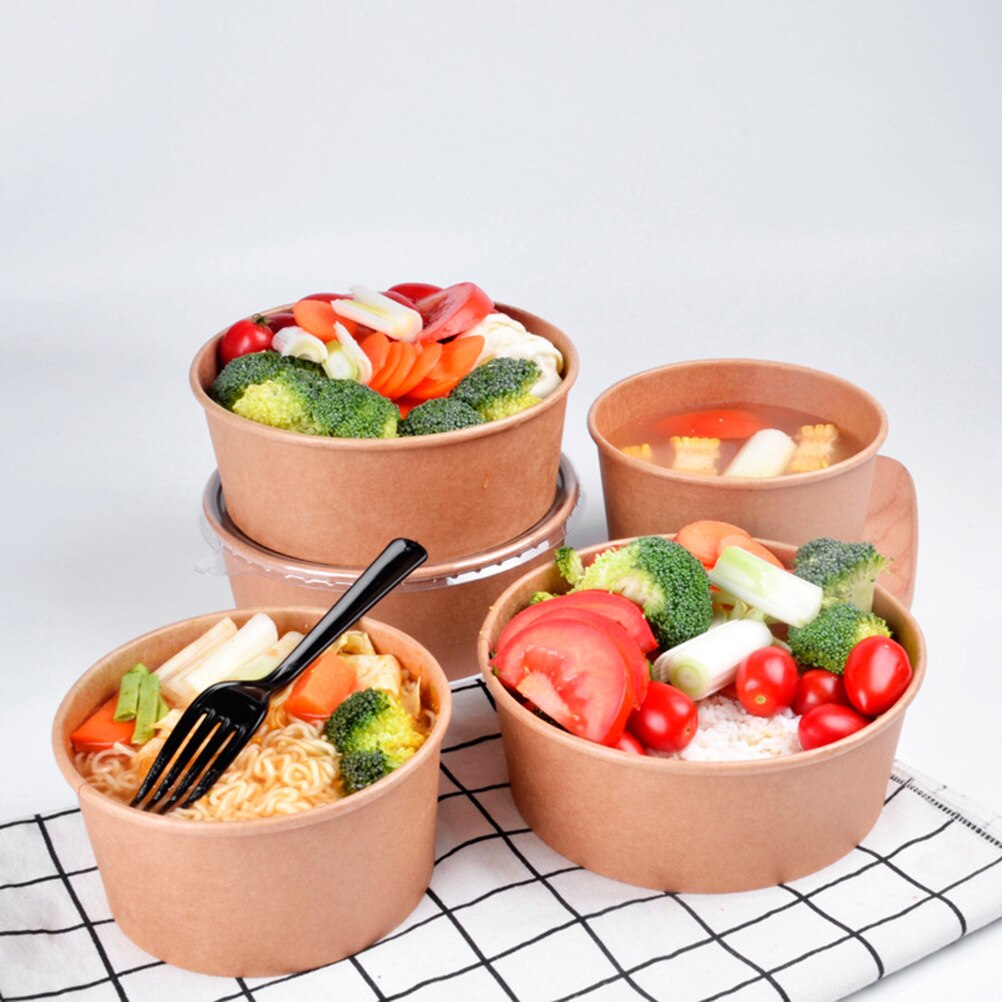 20pcs 50pcs Disposable Kraft Paper Bowl With Paper Lid Fruit Salad Bowl Lids Food Packaging Containers Party Favors (16oz 26oz