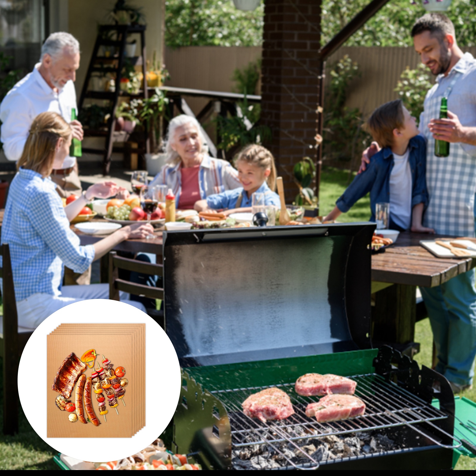 BBQ Grillmatten-Set – 5 Kupfer-Matten Antihaft Zum Grillen & Backen, Inklusive Ölbürste