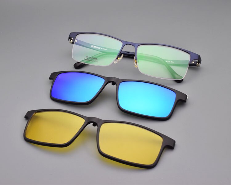 Halv ramme briller mænd med spænde polariserende solbriller magnet rustfrit stål nattesyn beskyttelsesbriller køre recept: Blå med 2 klip