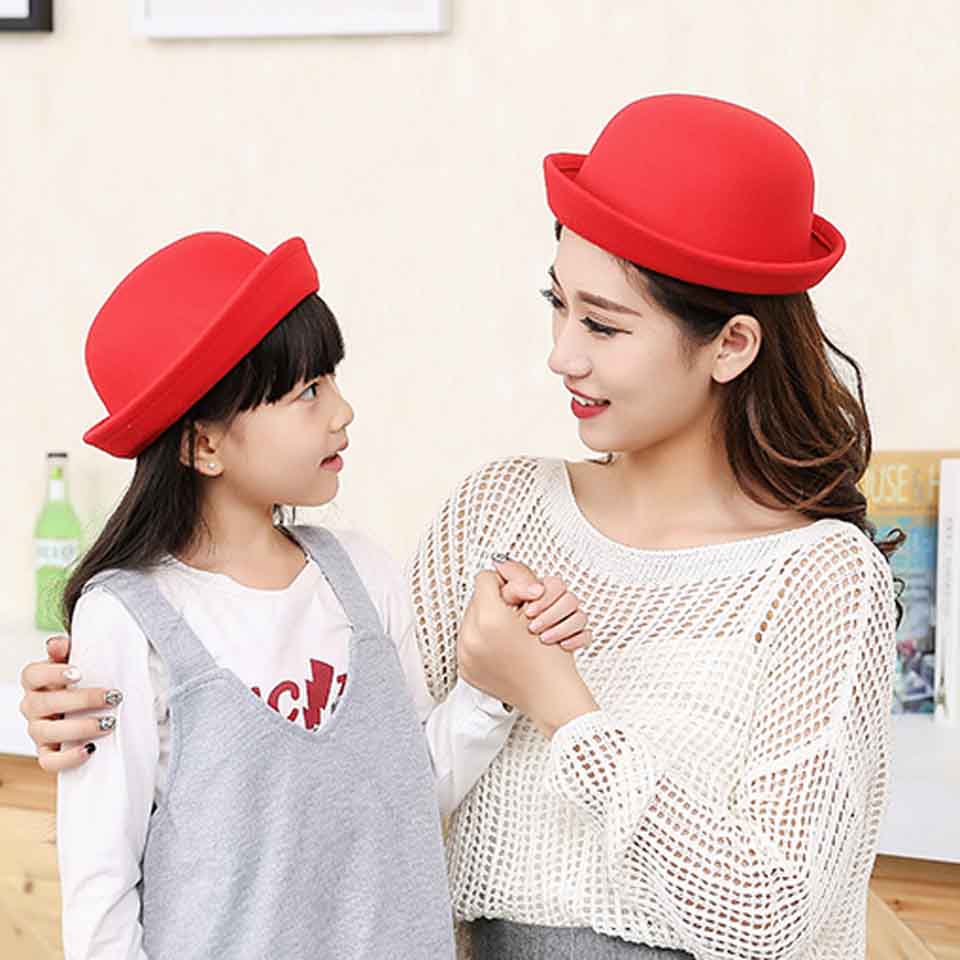 Parent-child Fedora Hat Kids' Round Top Hat Dome Cap Children Dress Hats Felt Hats Wool Felting Bowler Hat For Mom and Baby