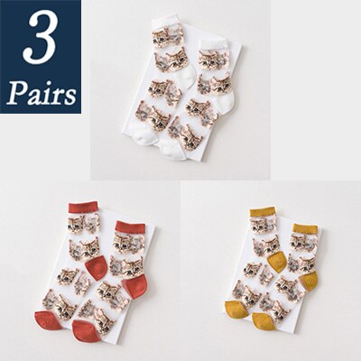 3 par kvinnor och #39 sommar genomskinliga nätstrumpor tecknad söt kattstrumpa bomull glasfilament tunna damstrumpor som andas: 7