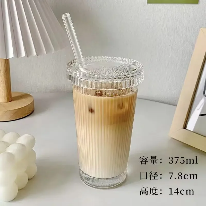 Taza de vidrio a rayas de 375Ml con tapa, Pajita de estilo japonés para beber, tazas elegantes para leche, café, té, de cumpleaños, vasos de whisky: Verde