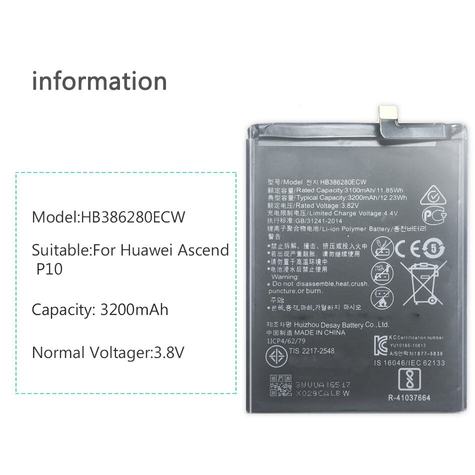 Batería de teléfono de 3200 MAh HB386280ECW para Huawei P10 Honor 9, repuesto de , recargable,