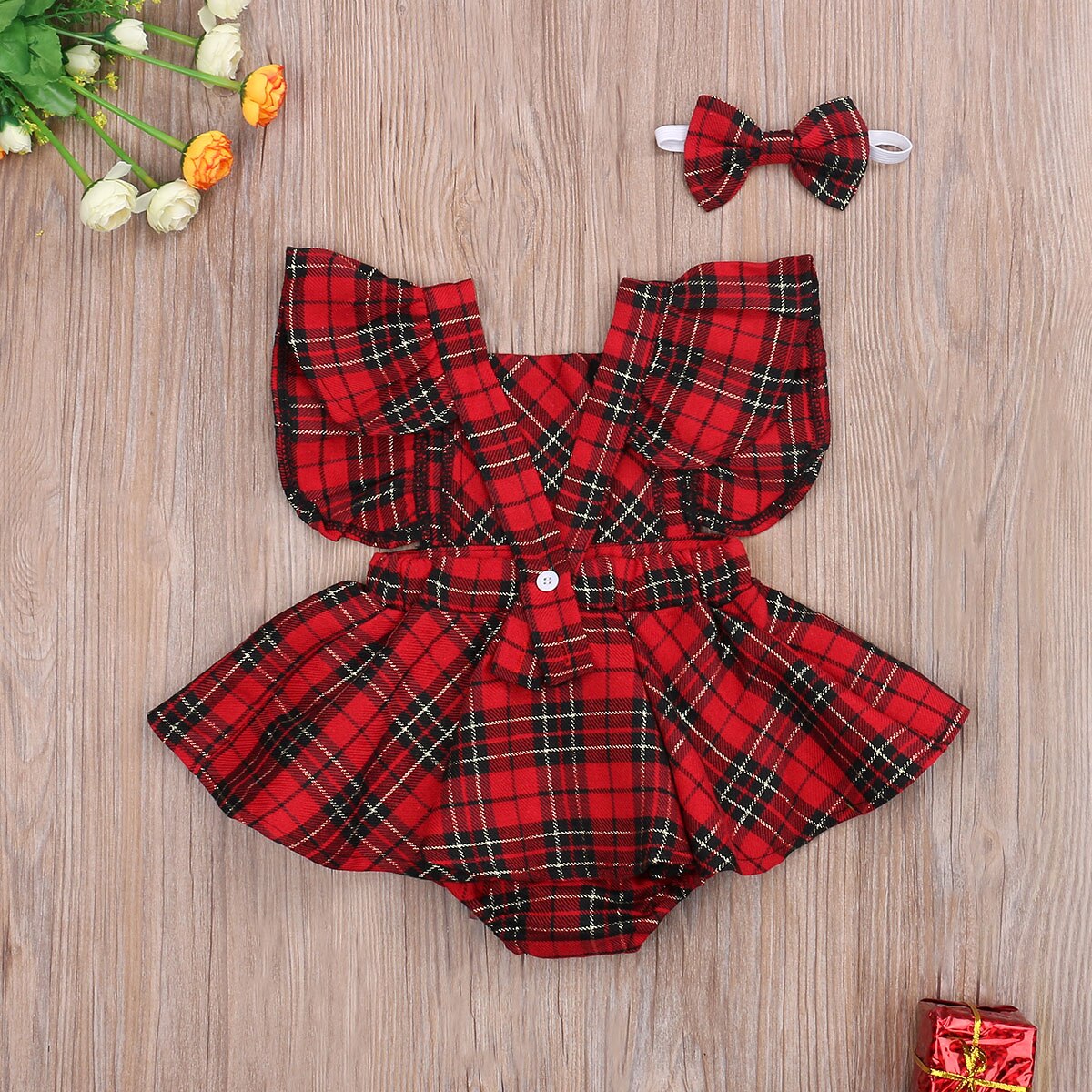 Noël 0-24 mois bébé filles garçons barboteuses + bandeau 2 pièces costume Plaid imprimé volants manches courtes dos nu combinaisons de noël