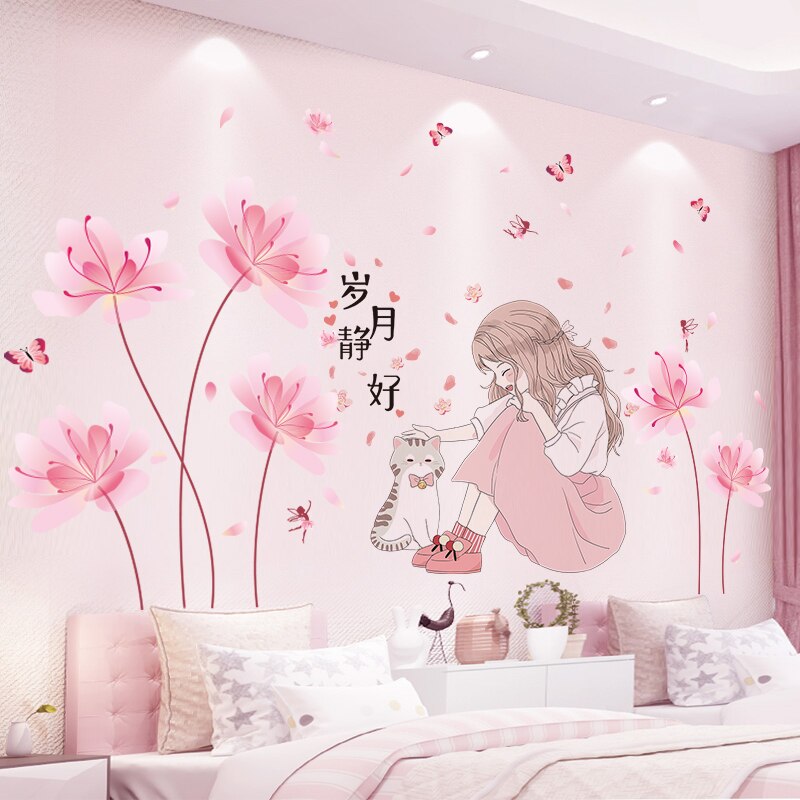 [Shijuekongjian] Cartoon Meisje Muurstickers Diy Bloem Planten Muurstickers Voor Kinderen Slaapkamer Babykamer Keuken Huis Decoratie: girl and flower