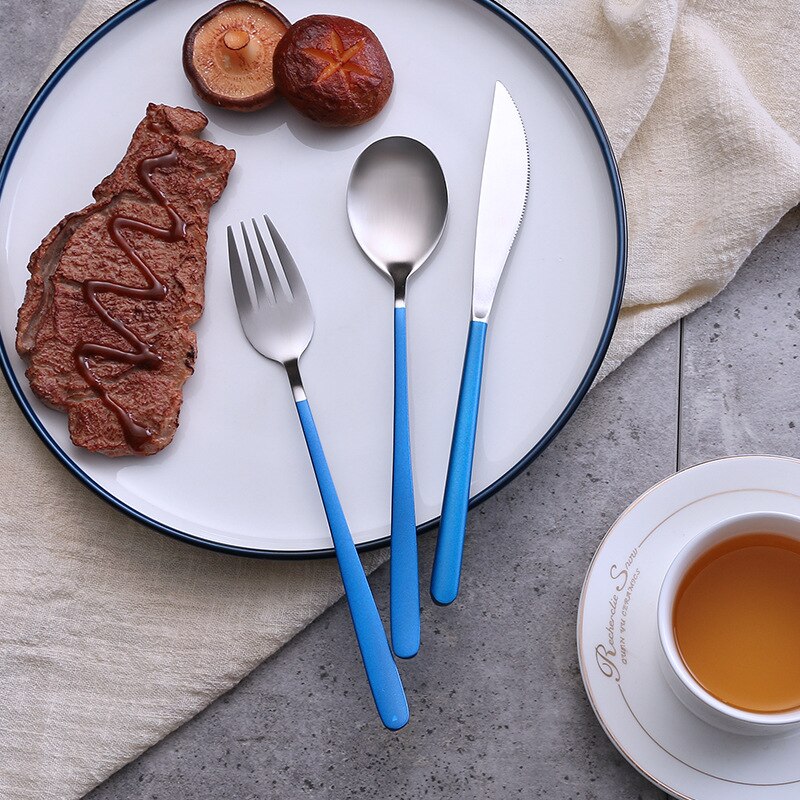Blauw Goud Bestekset Rvs Westerse Servies Lepel Vork Mes voor Voedsel Fotografie Achtergrond Foto Achtergrond Rekwisieten