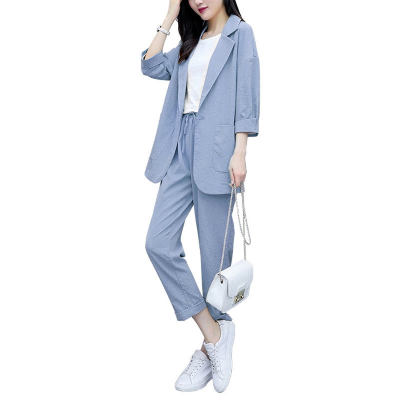 Casual Solid Women Pant Suits Notched Collar Blazer Jacket & Pencil Pant Female Suit Autumn OL Office Wear Blue Women Suits