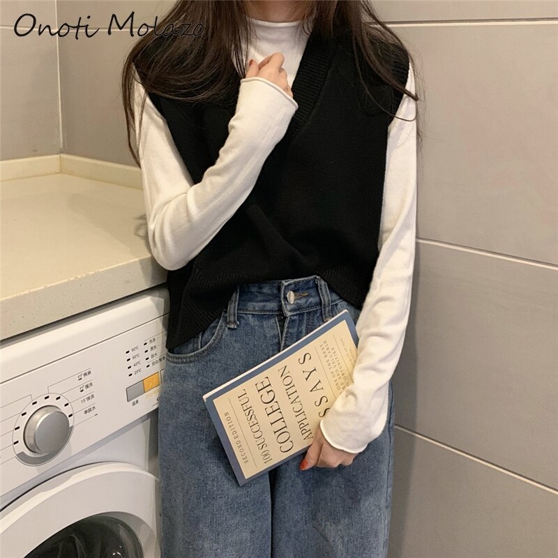 Onoti syksy kiinteä korealaistyylinen neulepusero liivi naiselle neulepusero talvi rento naiset pull femme hiver