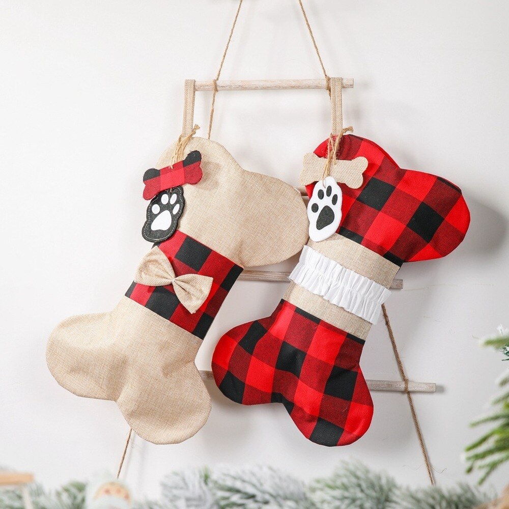 Plaid Kerstsok Opknoping Puppy Pet Hond Botten Thuis Decor Kous Met Grote Poot Voor Xmas Decoraties Kerst Bag