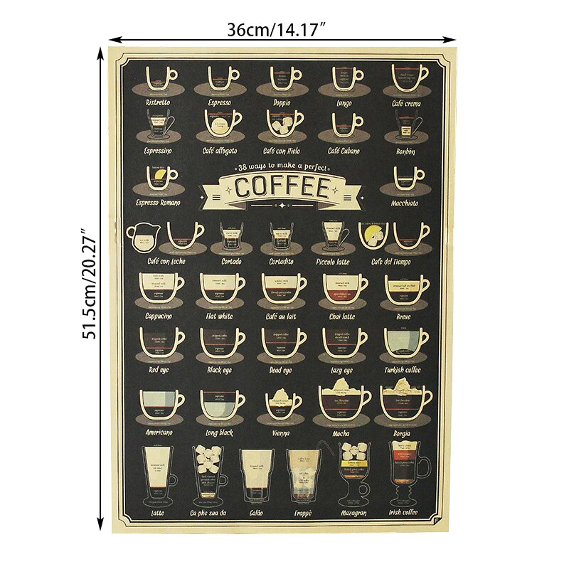 Dlkklb kaffekopp samling barer kjøkken tegning plakat utsmykning årgang plakat retro veggklistremerke 51.5 x 36cm hjemmedekorasjon