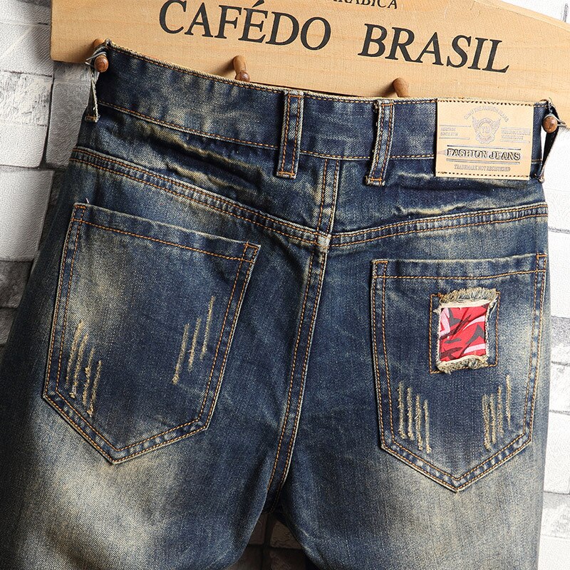 Sommer trend patch personlighed hul mænd casual denim shorts sommer tynde sektion lige jeans shorts