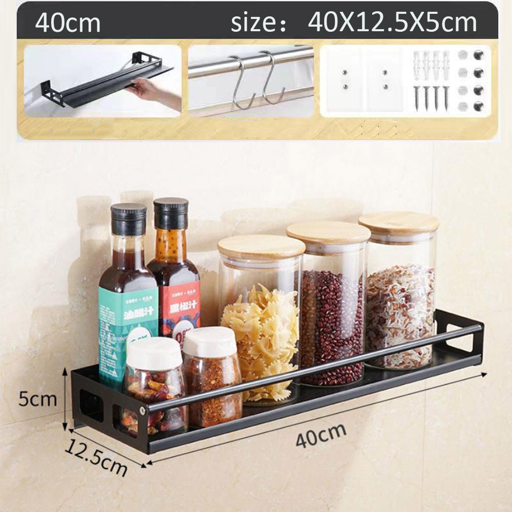 Kitchen Organizer Wall Mount Bracket Wall Storage Rack Spice Jar Rack Cabinet Shelf Kitchen Gadget Supplies Bathroom Rack: Black40cm