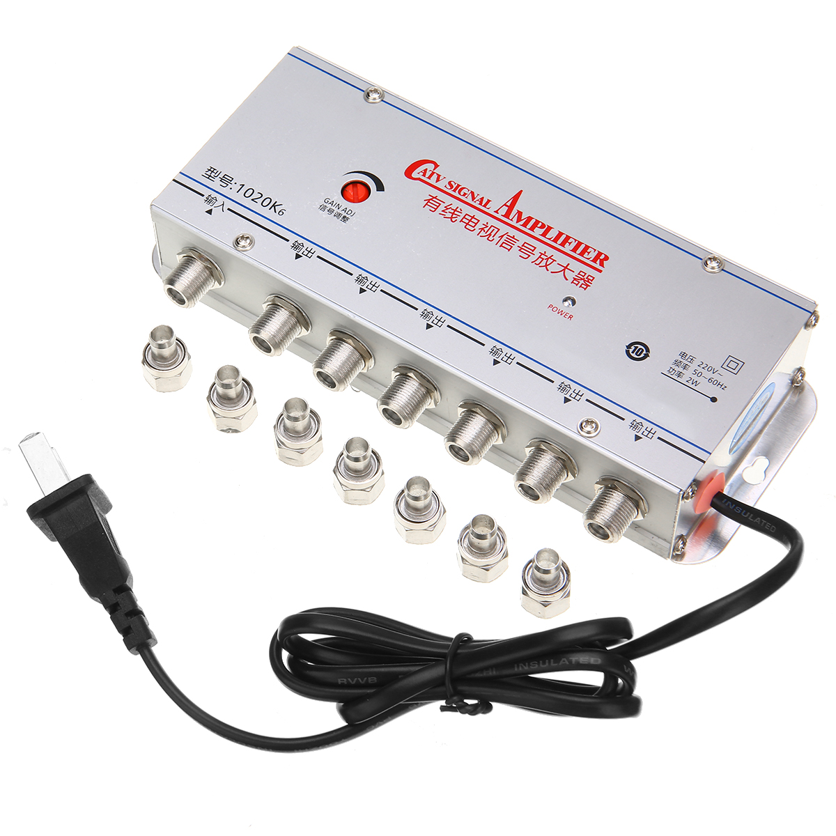 AC 220V 1 in 6 out CATV Cable TV Signal Amplifier AMP Antenna Booster Splitter with US Plug 45-1000MHz