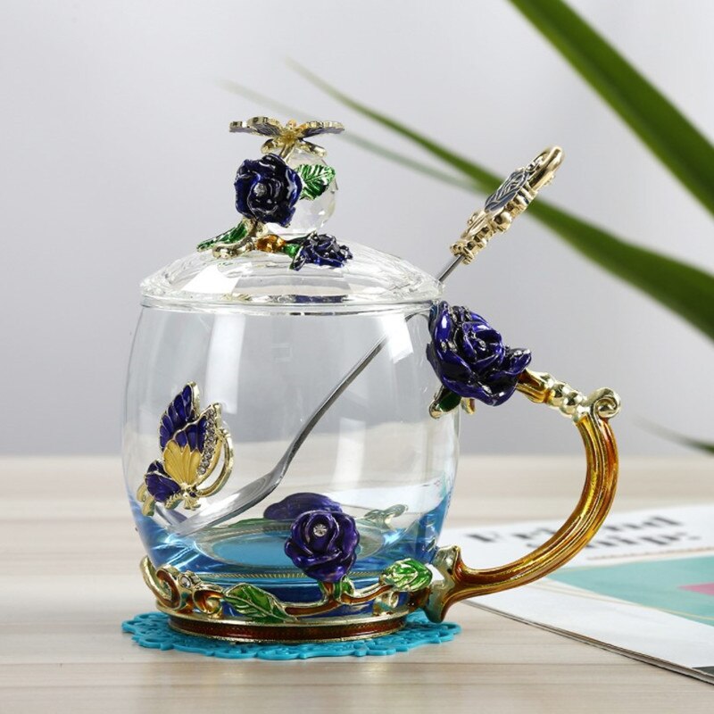 Enamel Glass Cup Tea Water Coffee Cup European Style Crystal Rose Flower Mug With Handle Lid Spoon Drinkware