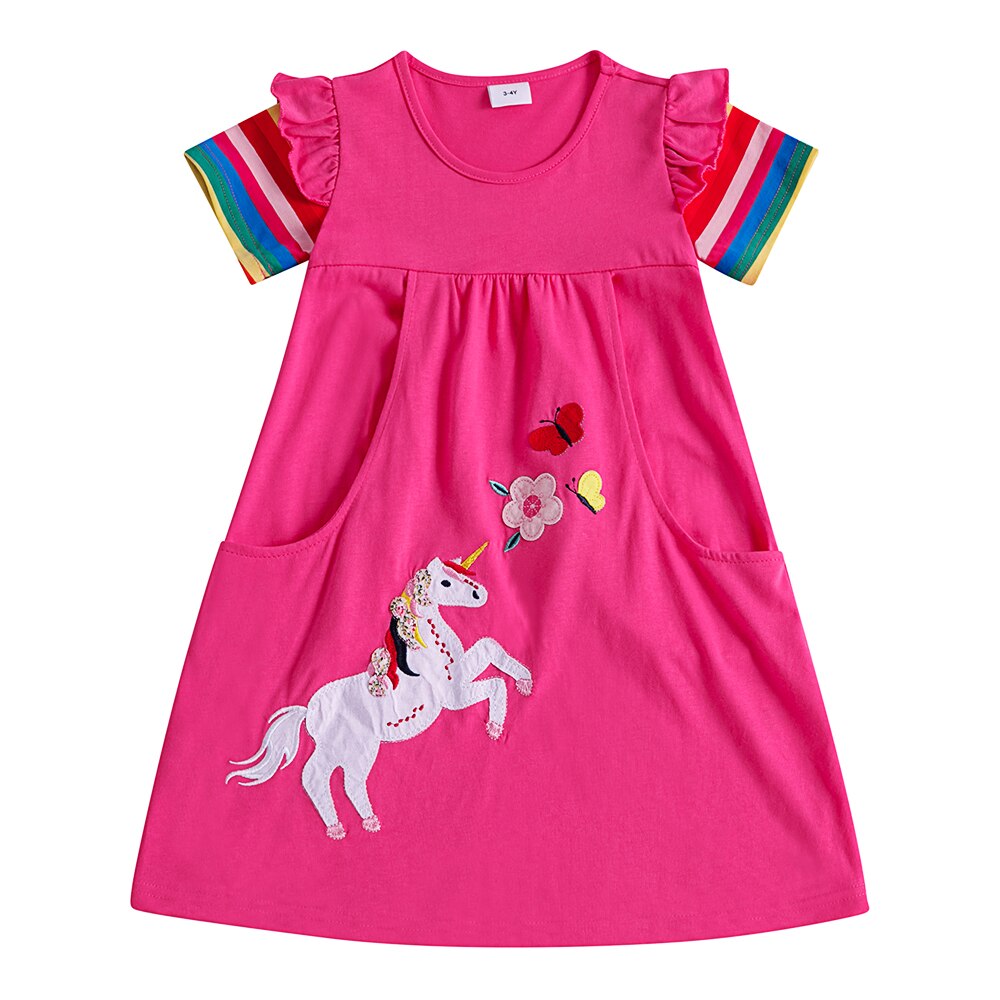 Jxs Nette Meisjes Korte Mouw Jurk Eenhoorn Bloem Borduren Zomer Casual Jurk: SH5835-Fuchsia / 7T