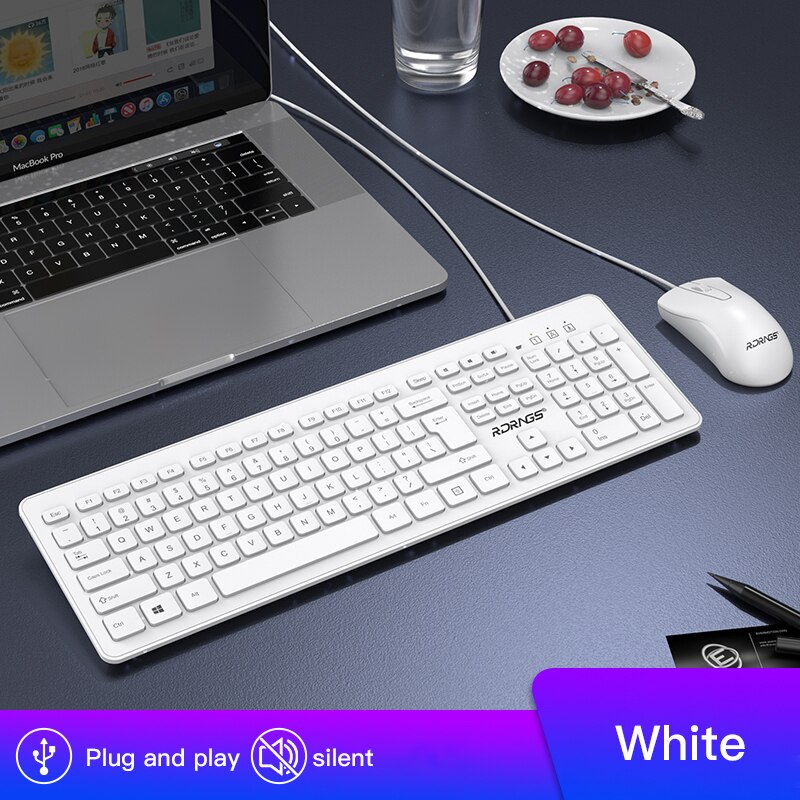 2.4g draadloze multimedia toetsenbord en muis mini usb ergonomische mute optische toetsenbord muis combo set voor notebook laptop mac pc: Bekabelde set wit