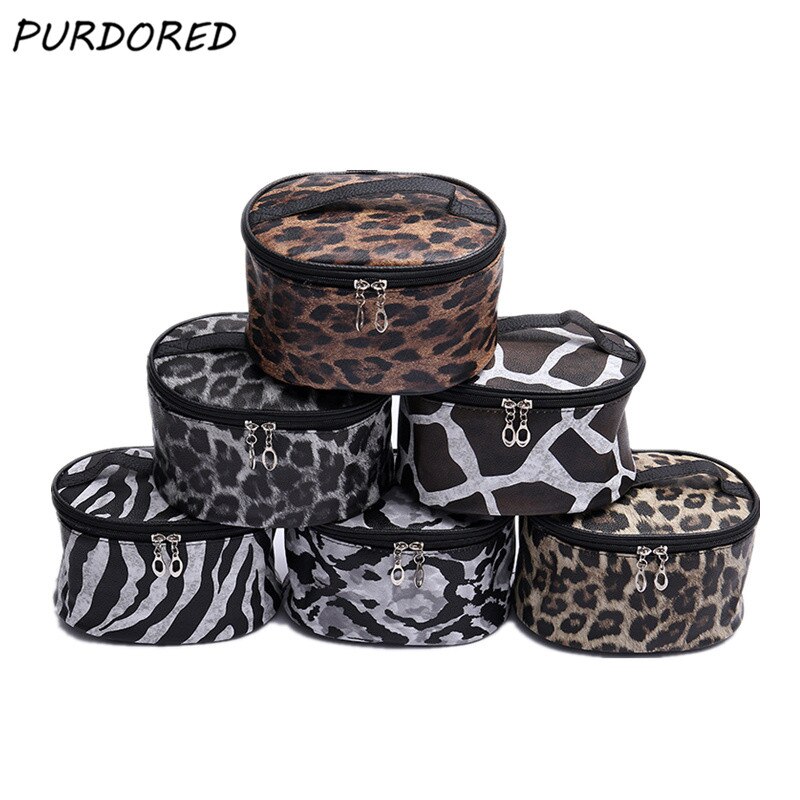 PURDORED 1 Pc lampart kosmetyczka PU skóra kobiety duża pojemność makijaż torba w kształcie beczki torba podróżna z organizatorem kosmetyczka