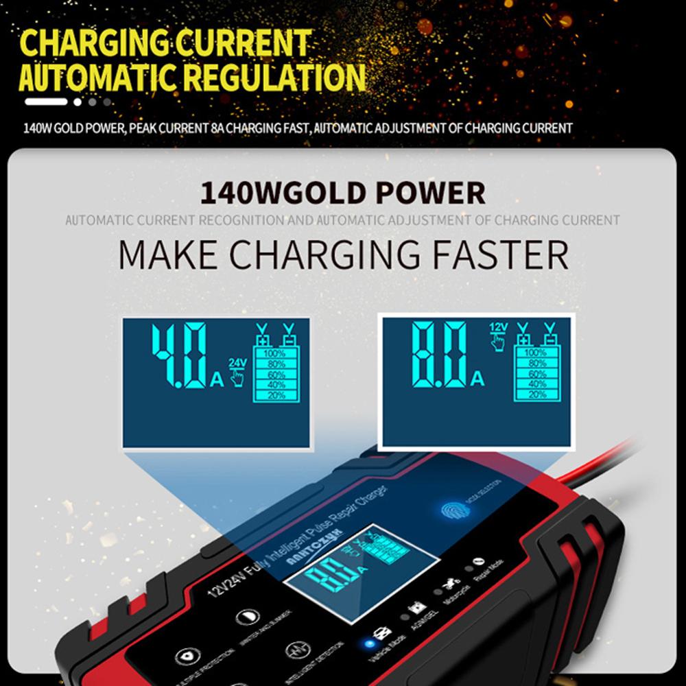 Bil batterilader 12/24v 8a berøringsskjerm pulsreparasjon lcd batterilader for bil motorsykkel blysyre batteri agm gel våt