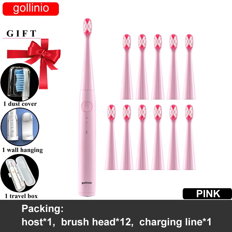 gollinio Electric Toothbrush usb fast charging GL56E smart electr toothbrush prodent Rechargeable Replacement Head: GL56PINK12H-HB