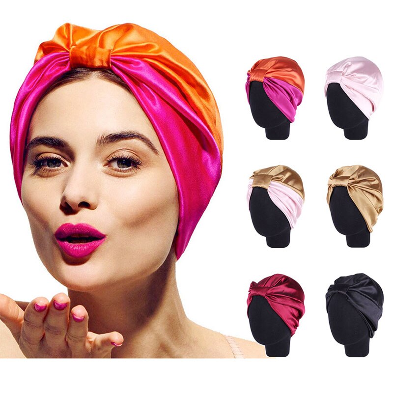 Elastic Double-Layer Stretch Satin Turban Hat Satin Bonnet Salon Bonnet Night Hair Hat For Women Natural Curly Hair Wrap Hat