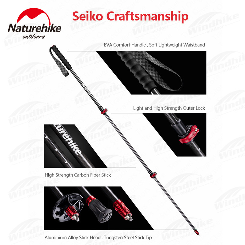 Naturehike – bâton de marche ultraléger en Fiber de carbone, 135g, 3 sections, Portable, verrouillage extérieur, randonnée, escalade