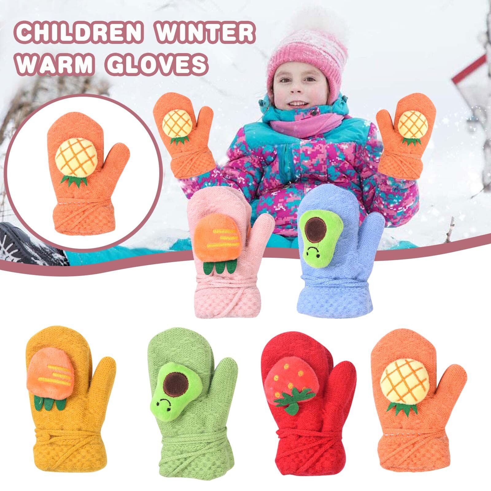 Jongens Winter Knit Cartoon Handschoenen Patchwork Warm Houden Wanten Lanyard Handschoenen Baby Kids Fruit Borduurwerk Baby Accessoires Handschoenen