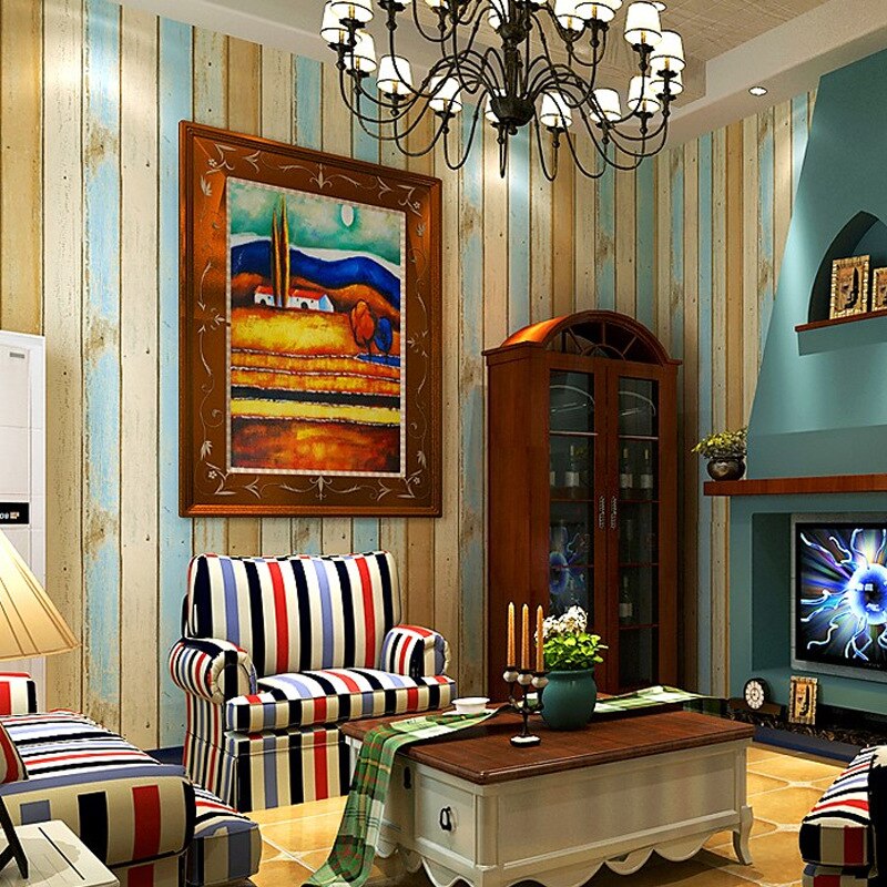 Papier peint intissé bleu Imitation bois pour mur derrière TV, salon, Film et télévision, Style méditerranéen