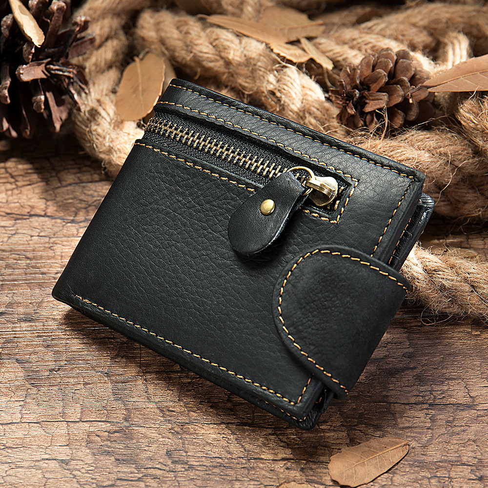 Men's Crazy Horse Leather Short Wallet Genuine Leather Buckle Wallet Vintage Top Layer Cowhide Card Holder Multi-Card Wallet: black
