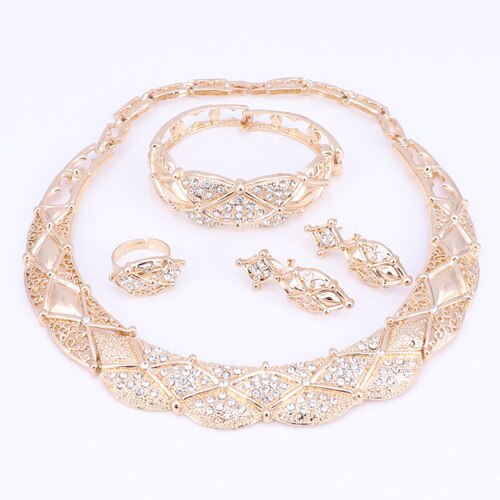 Collier de mariée en cristal boucles d'oreilles Bracelet perles africaines ensembles de bijoux pour les femmes couleur or accessoires de mariage: gold