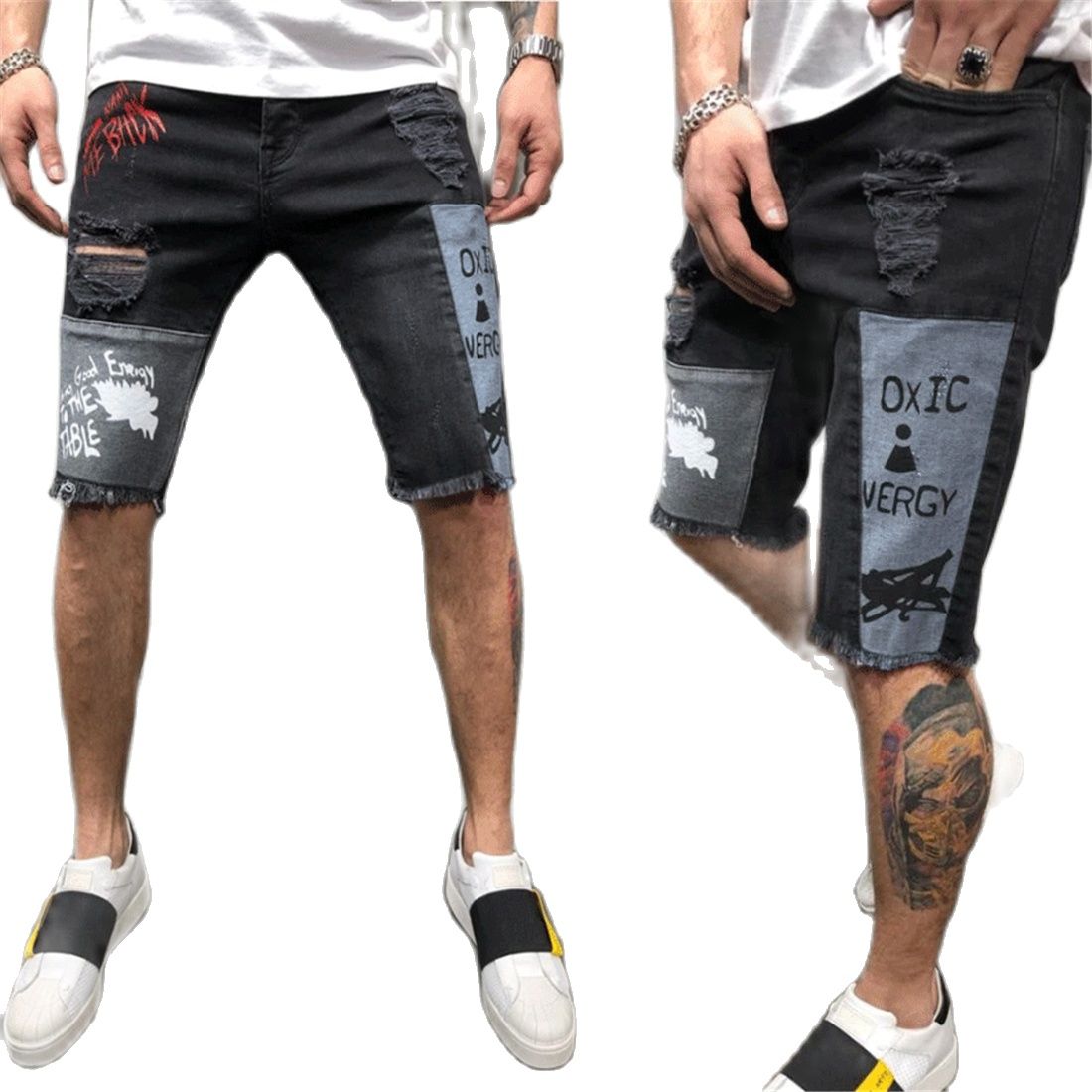 Denim Shorts Jeans Pants Beggar Trousers Hip Hop Stretch Ripped Streetwear for Men's Clothing