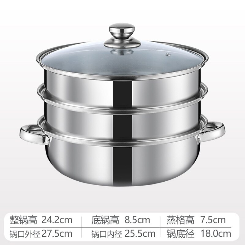 Stainless Steel Steamer Gas Induction Cooker Soup Steamboat Pot 1/2 Toer Steamer Transparent Glass Lid Kitchen Cookware: Layers Without Ears