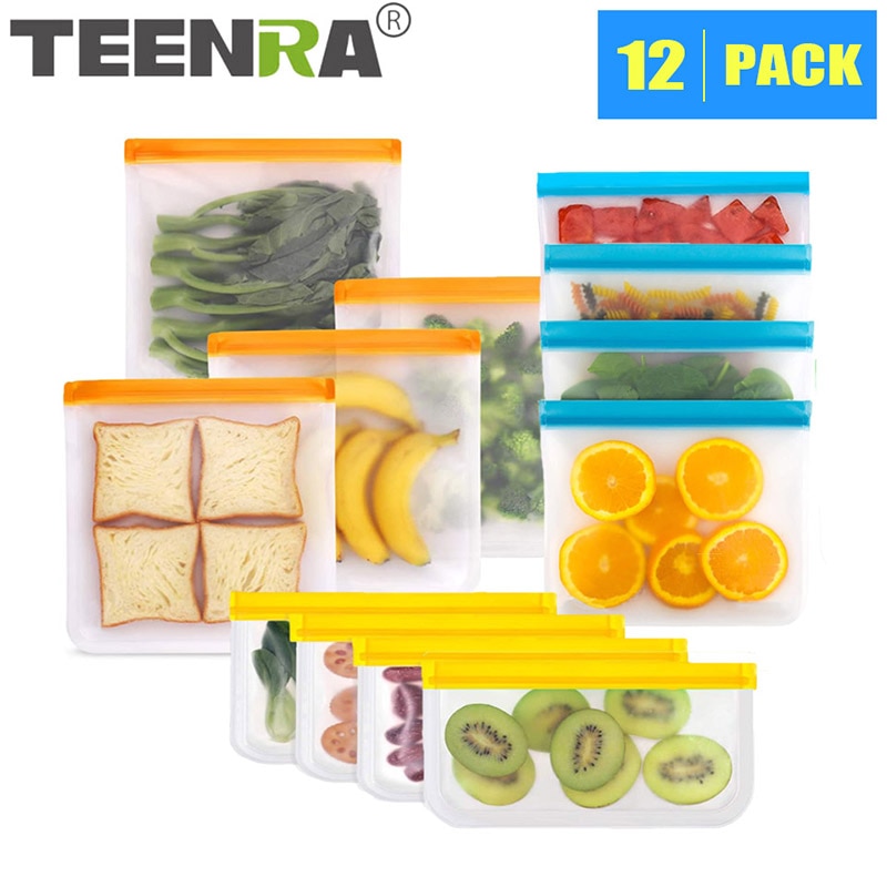 TEENRA 12Pcs/set PEVA Food Storage Bag Container Reusable Food Fresh Bag Ziplock Leakproof Food Bag Kitchen Organizer