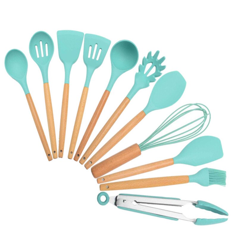 Ustensiles De cuisine en Silicone, ustensiles De cuisine résistants à la chaleur, antiadhésifs, ustensiles De cuisine: Tiffany Green-11pcs