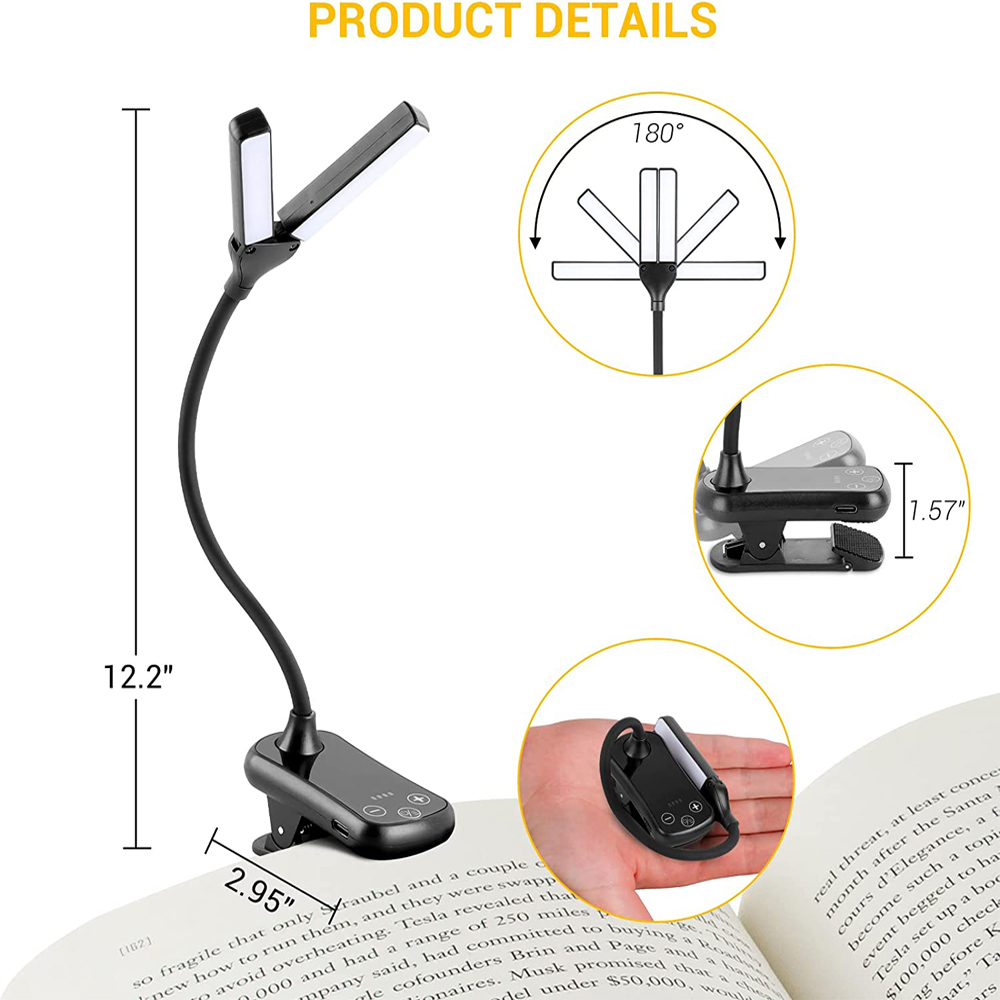 Oppladbar boklampe justerbar doble hoder øyepleie leselampe klipsbar bok/skrivebord trinnløs dimming 24 moduser berøringskontroll