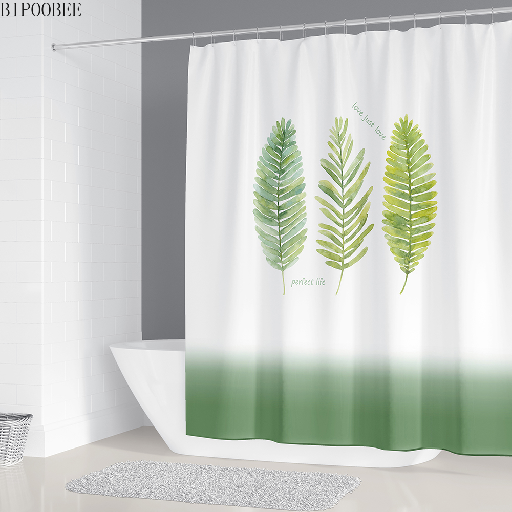 Groene Bladeren Afdrukken Douchegordijn Tropische Planten Natuurlijke Badkamer Gordijnen Anti-Slip Badmat Set Wc Tapijten Tapijt: D Shower Curtain
