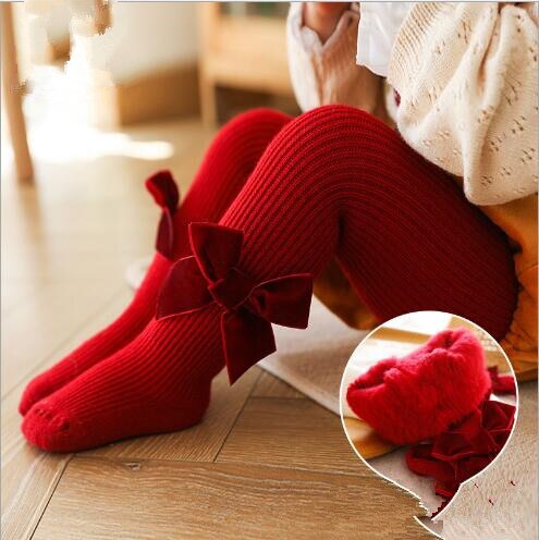 Children plus velvet leggings red flannel bow pantyhose Christmas Year thick pants leggings