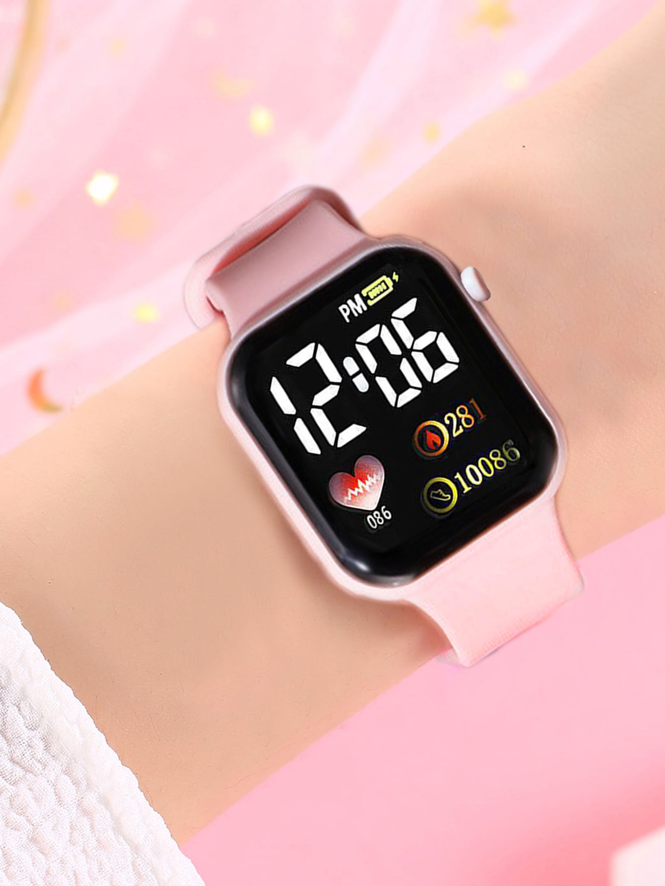 Reloj digital deportivo simple rectangular de silicona para mujer, color rosa, con corazón, collar completo de diamantes, de cumpleaños